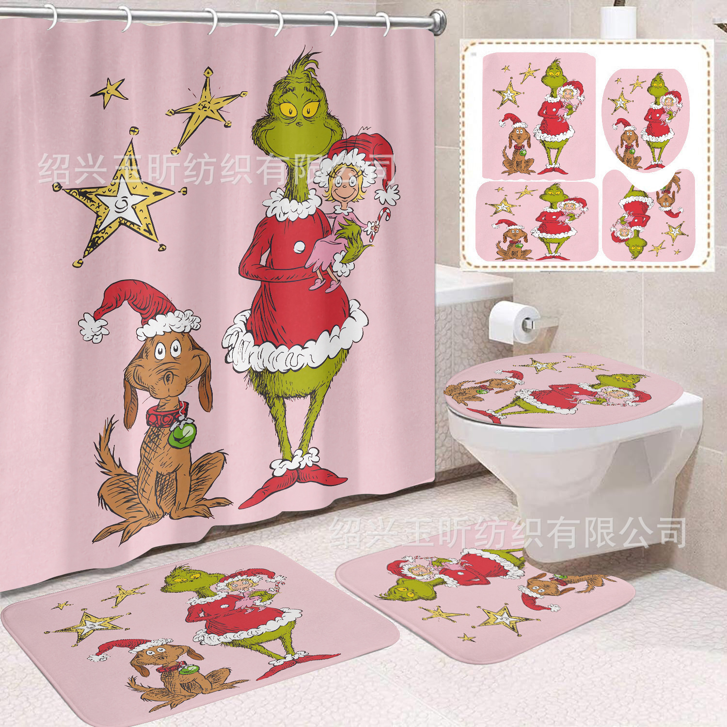 Tela de cortina de ducha transfronteriza, cortina de ducha impermeable, alfombra antideslizante de baño, juego de Grinch 4 de pelo verde al por mayor, sin perforación