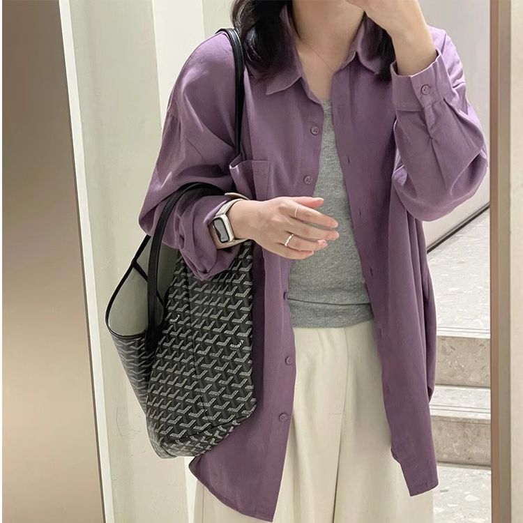 Purple Cotton Long-Sleeved Shirt for Women, Versatile Design, 2025 New Style, Loose Top, Shirt and Jacket for Inner Wear and Outer Wear