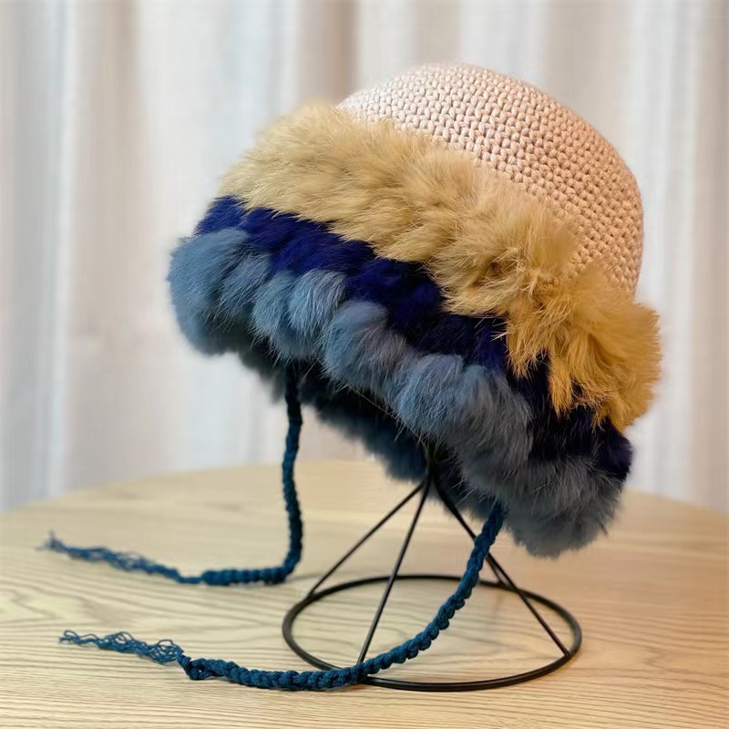 Stickad bøllehatt i kaninpäls för kvinnor höst och vinter_voghion.com