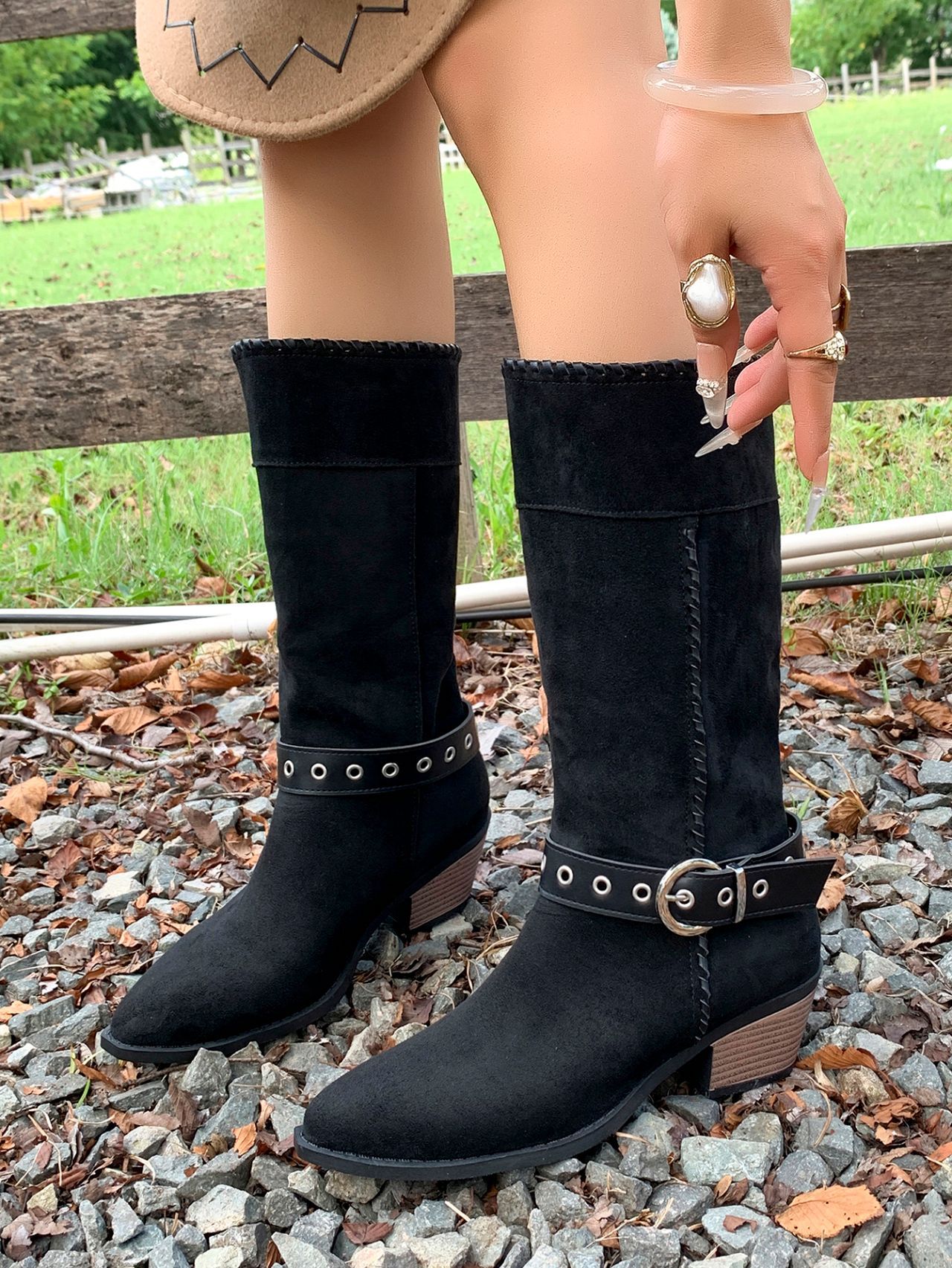 Women's Black Suede Cowboy Boots With Buckle Detail Mid Heel_voghion.com