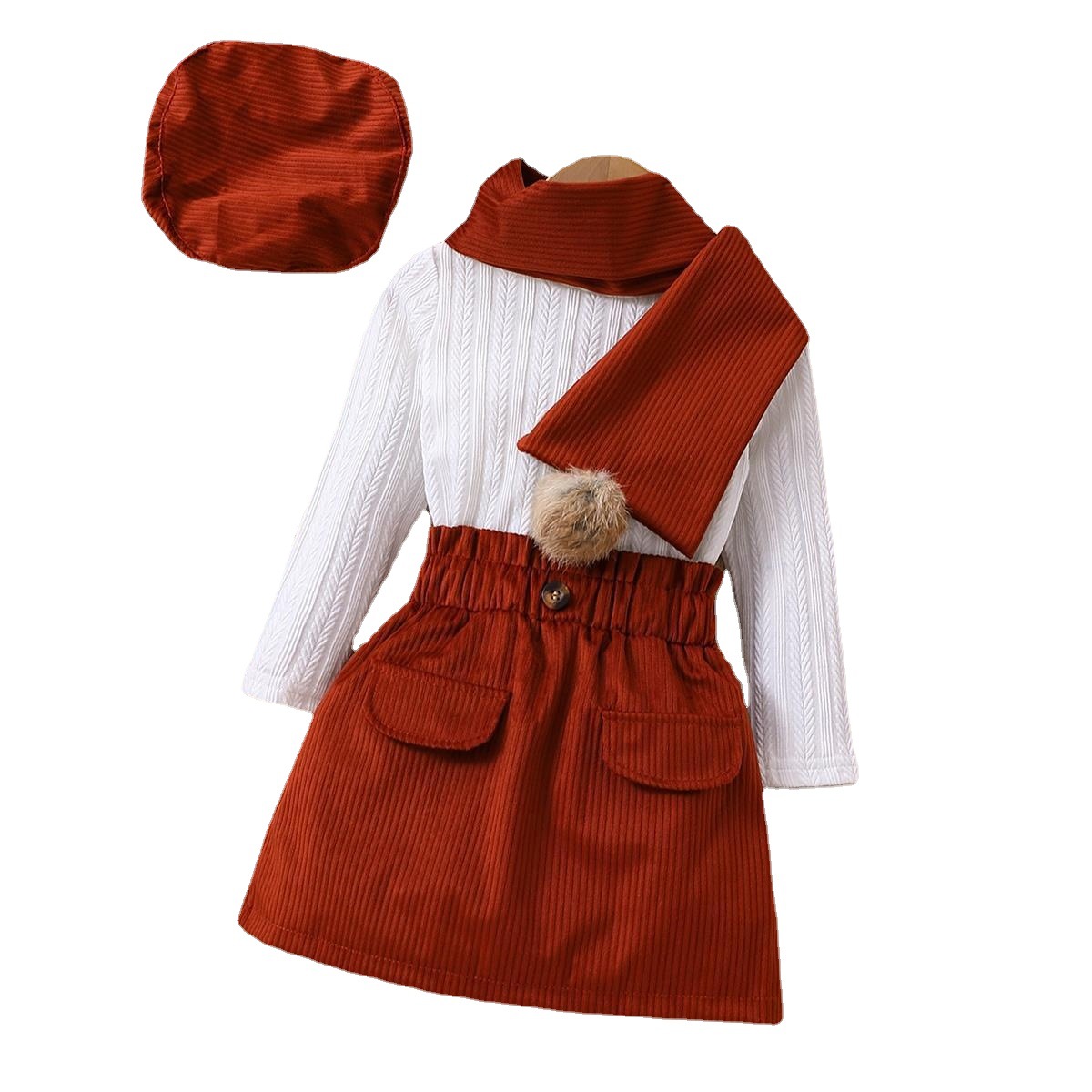 Abbigliamento per bambini, moda bambina, gonna corta a maniche lunghe con sciarpa a palline di lana + basco, set da 4 pezzi_voghion.com