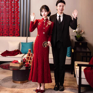 New Chinese Winter Toast Dress 2024 New Bride High-end Wedding Door Engagement Dress Cheongsam Fish Tail