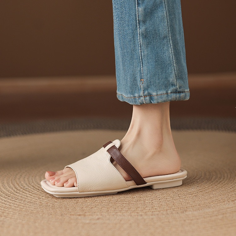 Dép sandal nữ xỏ ngón đế bệt phối màu hở mũi thời trang — màu trắng ngà, màu mơ chi tiết 47