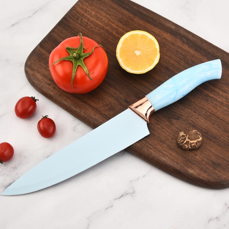 Nuevo cuchillo de cocina estriado mango tricolor 6 piezas cuchillo de cocina cuchillo de frutas con cuchillo de dibujos animados