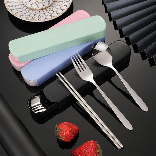 Portable stainless steel tableware set of three promotional gift logo for students outdoor fork set chopsticks and spoon set