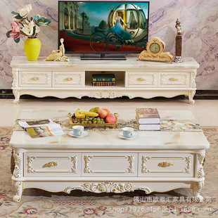 European Style Coffee Table TV Cabinet Combination Living Room Furniture Solid Wood Tea Table Floor Cabinet Simple American Marble Small Apartment suit