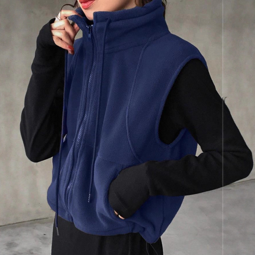 Europa y los Estados Unidos transfronterizos mujeres de color sólido con cremallera de cuello redondo, chaqueta sin mangas, otoño / invierno image 5