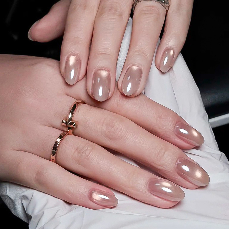 Hailey's Pure Desire Style Ice-Transparent Cat-Eye Handmade Wearable Nails in Nude Color That Enhance Complexion, High-End Nail Art, Cross-Border Nail Pieces