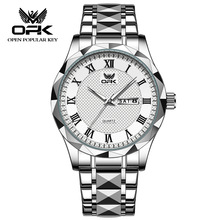 OPK正品菱形玻璃男士手表防水夜光双日历手表男款石英表工厂批发
