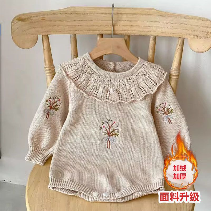 新款2025婴儿秋季新款针织荷叶领长袖包屁衣女宝宝毛衣连体衣爬服