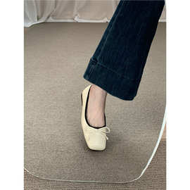 平底法式方头单鞋女鞋2025年春秋新款仙女风蝴蝶结浅口百搭豆豆鞋