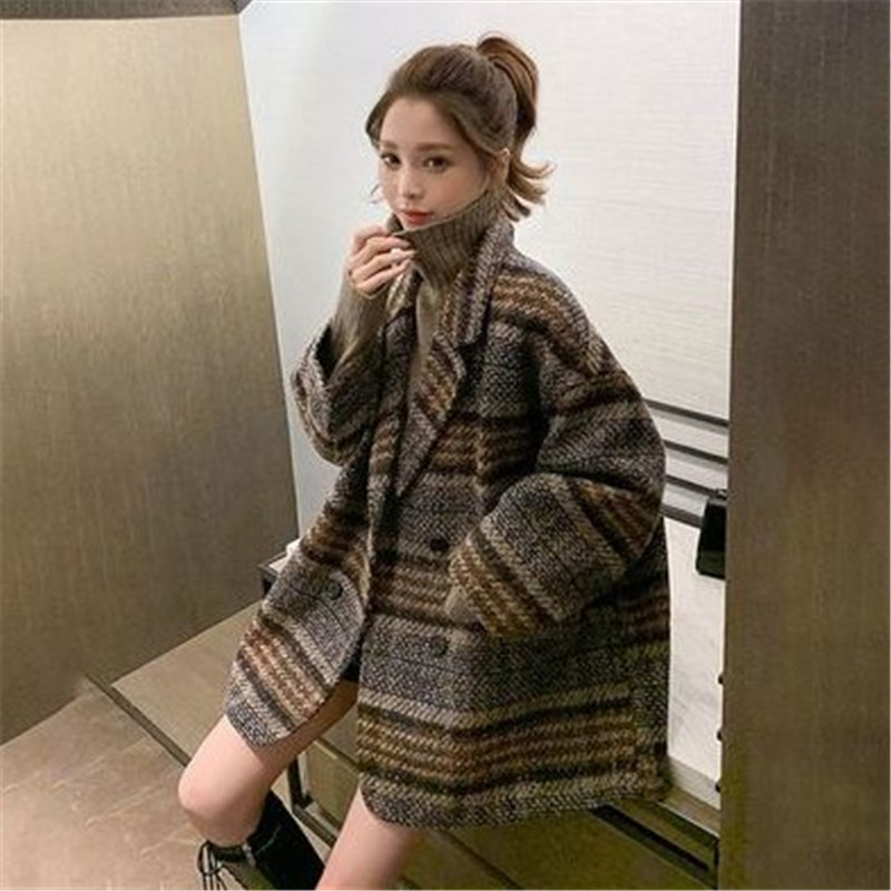 西装外套女秋冬2023新款宽松小个子格子粗花呢中长款毛呢大衣