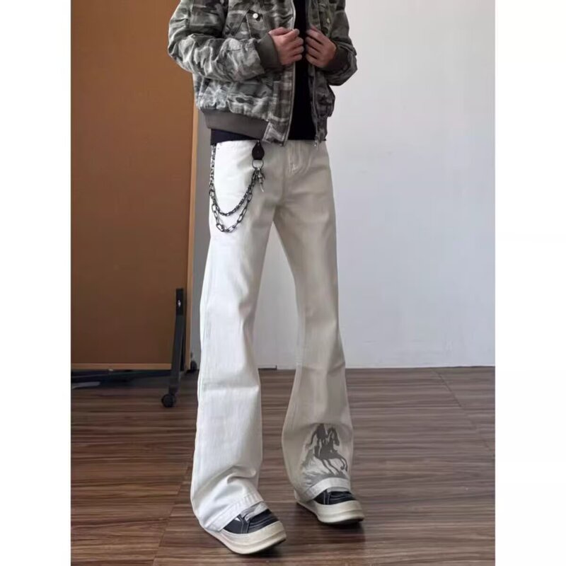White Western Cowboy Embroidered Straight-Leg Flared Jeans for Men, American Vibe, Cool Street Style, Loose White Denim Pants