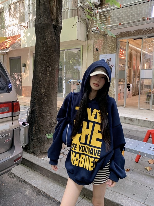 复古慵懒长袖字母印花套头卫衣女秋季新款休闲宽松显瘦连帽上衣潮|undefined