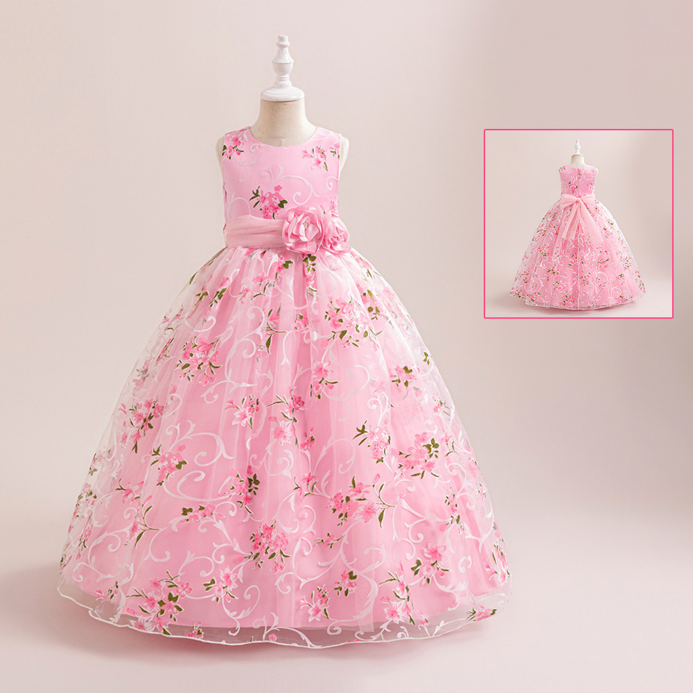 2026 Europa y los Estados Unidos nuevos vestidos de niñas falda impresa vestidos de boda de niños falda de flores de niños grandes mallas de tela