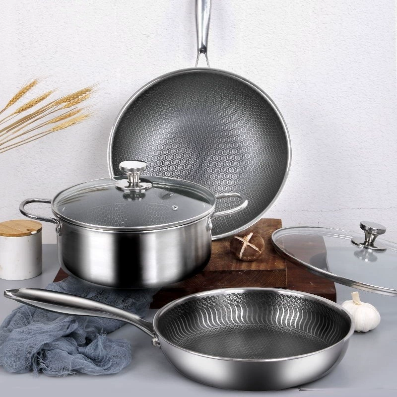 Набор из трех кастрюль из нержавеющей стали 304, набор кастрюль с антипригарным покрытием, вок, суповая кастрюля, сковорода, кастрюля с антипригарным покрытием, подарок, кухонный набор из 5 предметов