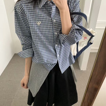 日系学院风刺绣爱心色织格纹棉衬衫女秋季新款舒适翻领衬衣外套