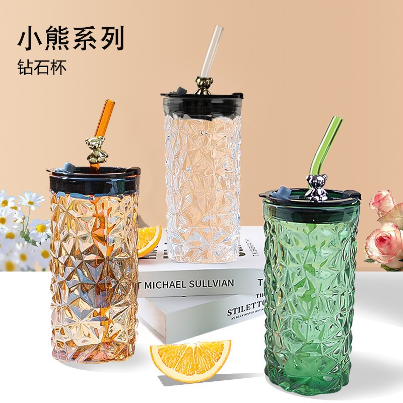 Bear glass with lid high temperature resistant transparent glass water Cup household straw Diamond Cup glass