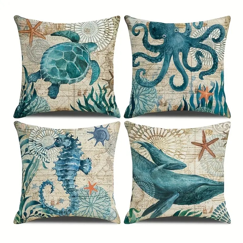 2024 Estilo explosivo transfronterizo Animales marinos Mundo submarino Patrón Funda de almohada Bandera de mesa de sala de estar con estampado de lino de Amazon image 6
