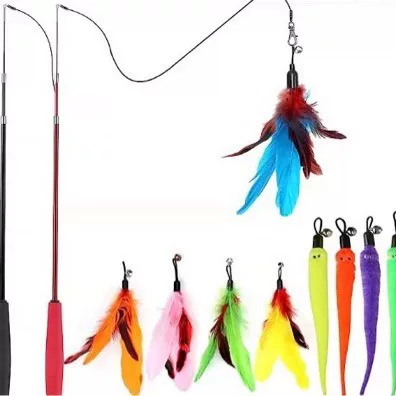 Pet Cat Toy suit Color Feather Fishing Rod Caterpillar Bell Replaceable Head Cat Stick