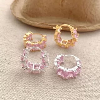 蓝色超闪方形方糖锆石耳扣耳圈女精致高级感轻奢精致设计耳环耳饰