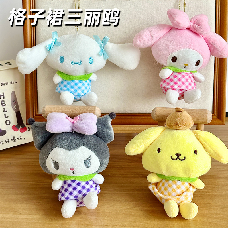Sanrio Series Melody Plush Toy Kuromi Cinnamon Dog Plush Doll Clothing Plaid Skirt Pendant