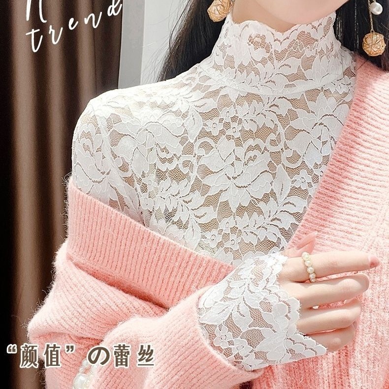 2023春夏レース長袖ボトムシャツ女性半高襟透かし網の上着の偽襟の中にネットの赤い底をつけます。|undefined