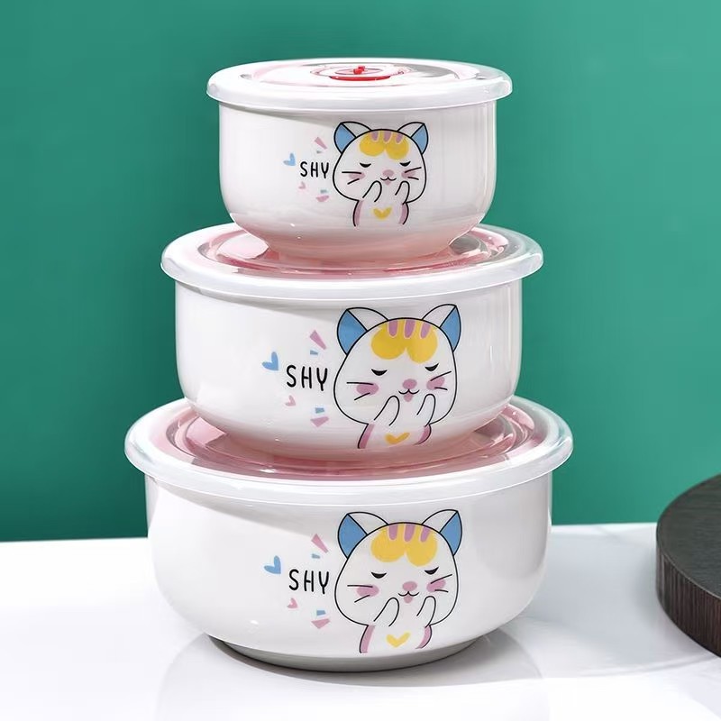 [Múltiples opcionales] tazón de cerámica fresca bolos de fideos con cubierta de almuerzo caja de almuerzo bolos de sellado horno de microondas cubierta doméstica