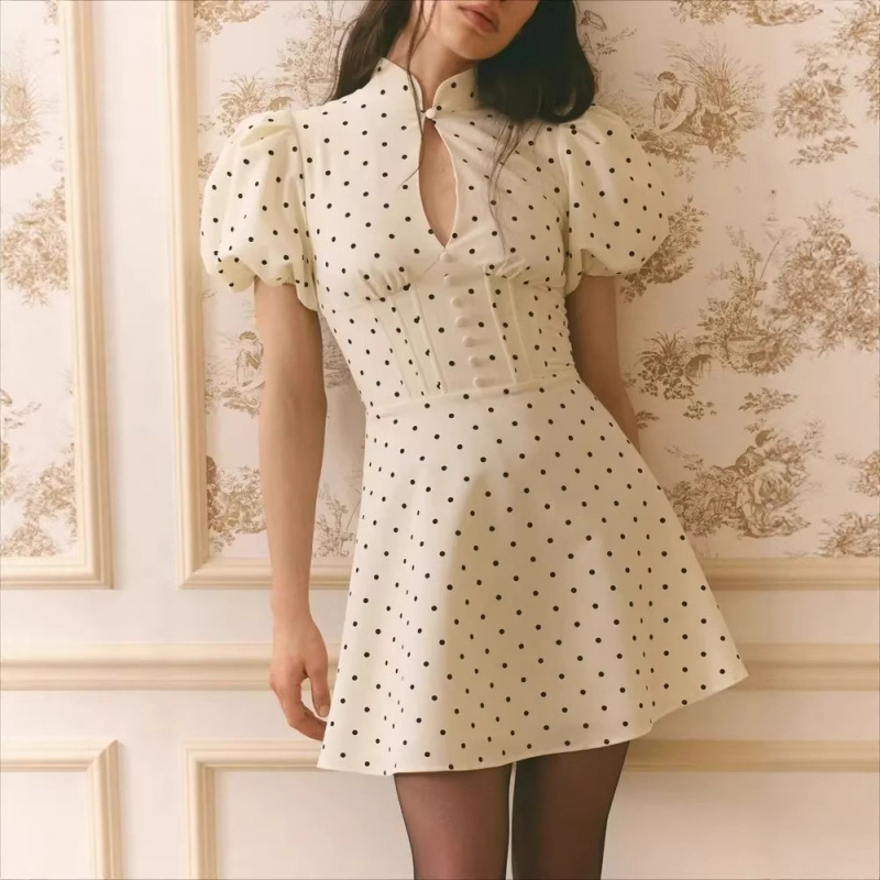 Amazon European Fashion Stylish Simple Polka Dot Stand Collar Short Dress for Women Summer New Slimming Dress
