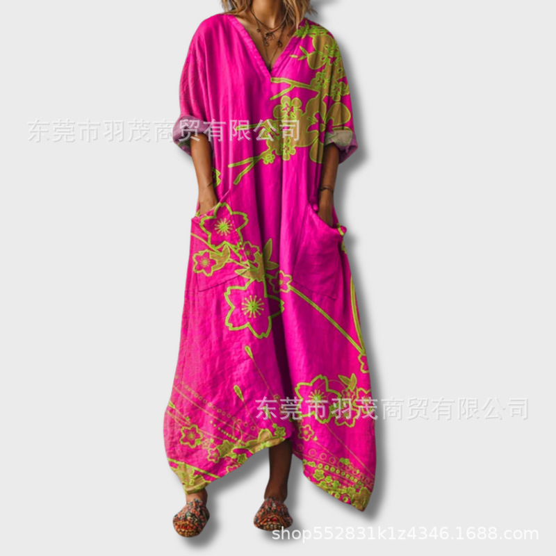 2025新款独立站女式复古花卉艺术图案印花口袋V领口袋连衣裙2|undefined