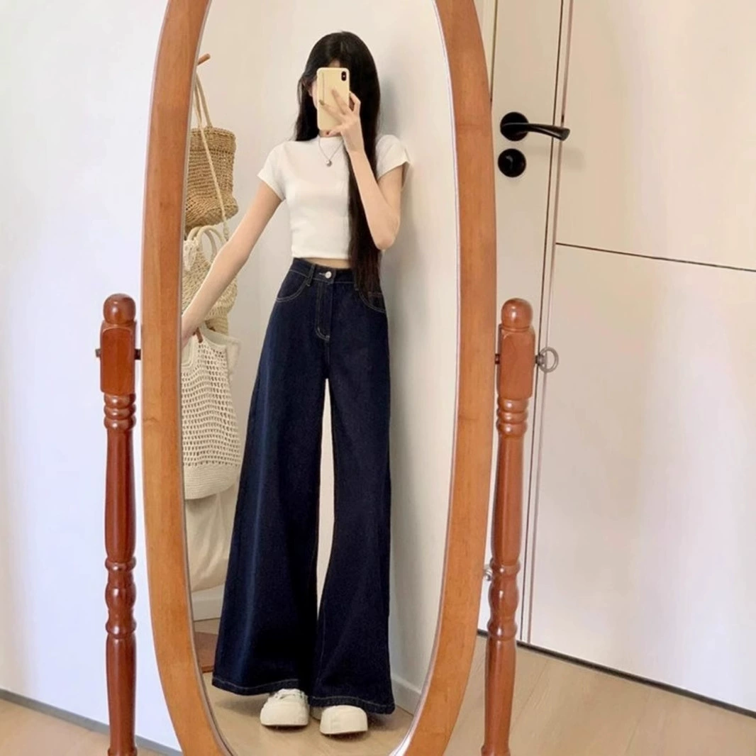 Women's Retro High-Waist Jeans Trousers, American Style, Loose Straight Fit, 92/98 cm Inseam