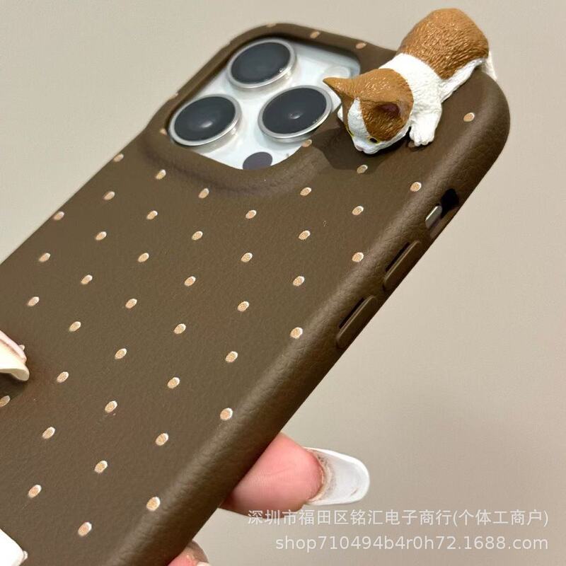 かわいい立体猫 iphone16 携帯電話ケース Apple 15promax シンプル水玉 13 ソフト 14 に適しています|undefined