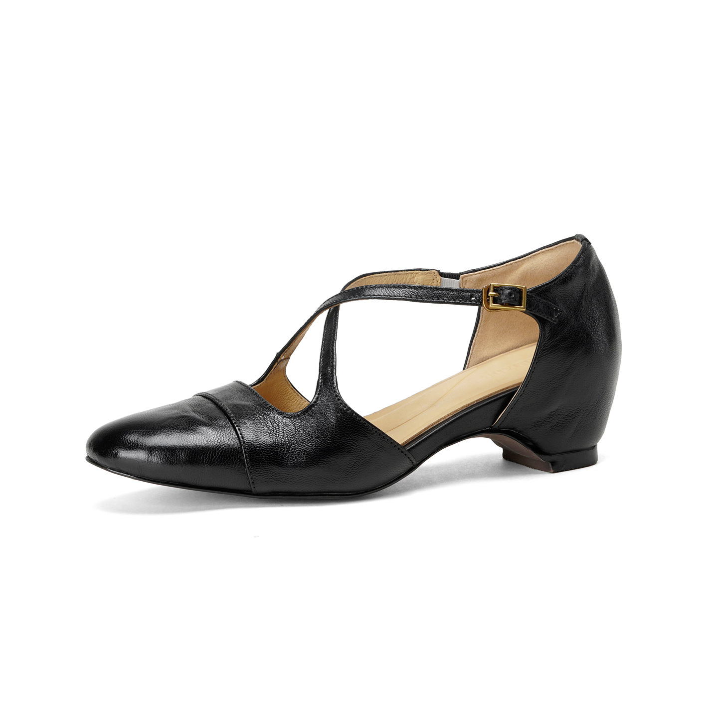 Giày sandal cao gót nữ quai ngang mũi nhọn da dê, gót vuông ổn định — đen chi tiết 25