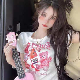 韩国女T甜酷风卡通小熊短款T恤女显瘦小个子设计感圆领短袖上衣潮