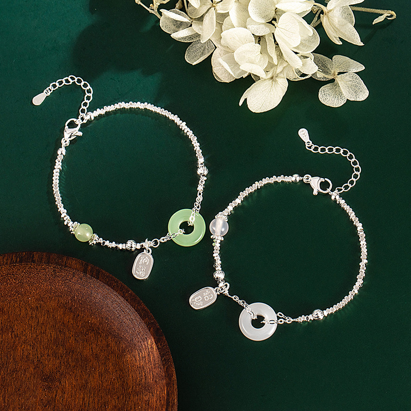 Chalcedony Ping An Buckle Broken Silver Bracelet Girls Imitation Jade Niche Design National Style Vintage Birthday Gift for Girlfriends Chalcedony Ping An Buckle Broken Silver Bracelet Girls Imitation Jade Niche Design National Style Vintage Birthday Gift for Girlfriends