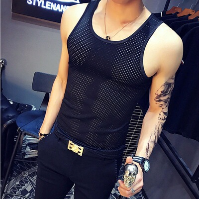 Borneol Tight fitting vest summer Hollow Mesh Quick drying motion Self cultivation Sleeveless T-shirt man Primer T-shirt