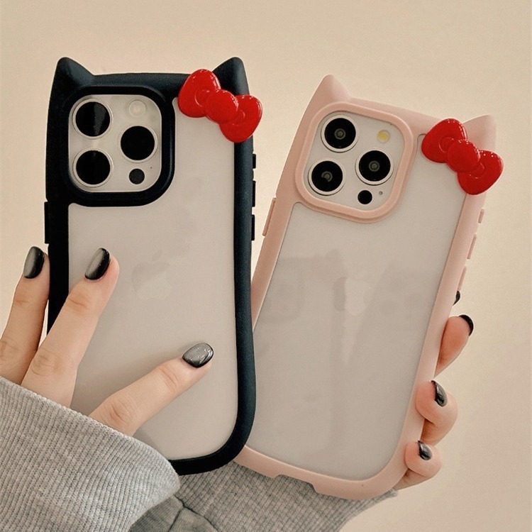Three-dimensional cat ear red bow for iPhone15promax Apple 14 mobile phone case 13 transparent 12 female 11