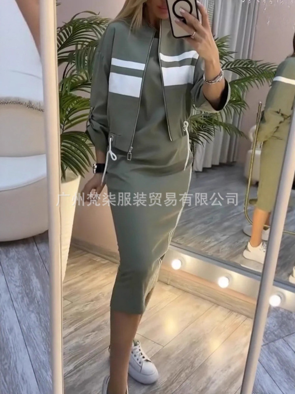 2025欧美跨境亚马逊爆款纯色吊带连衣裙条纹开衫外套长裙两件套女|undefined
