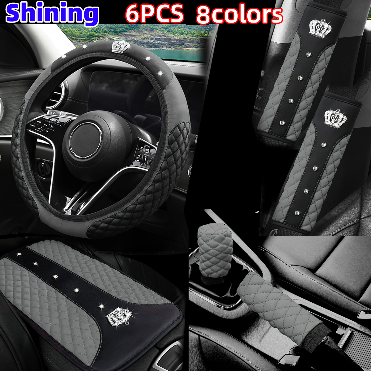 Cross-Border Popular Car Steering Wheel Cover, Leather Diamond-Encrusted Crown, Bubble Armrest Box Pad, Shoulder Protector, Seat Belt Cover Wholesale