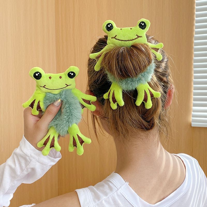 Autumn and Winter Frog Plush Green Hair Ring Ball Head Cute Funny Leather Cover Women's South Korea Headwear Hair Strap Tie