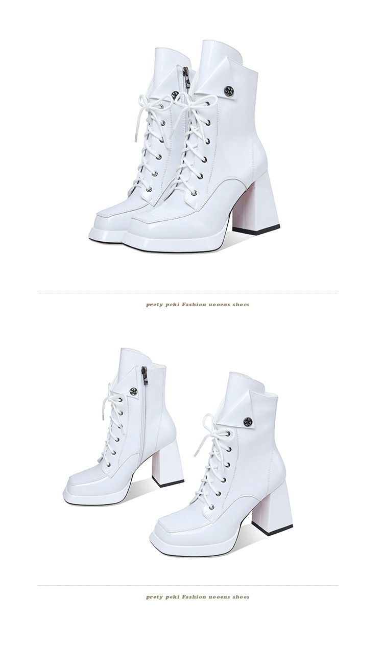 Boot nữ cổ thấp dây buộc khóa kéo gót vuông 9 cm da bóng — Lót nhung đen chi tiết 11