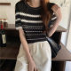 Hong Kong Style Retro chic Striped Shoulder Short-sleeved T-shirt Women's Summer Thin Retro Slimming Ice Silk Sweater Top