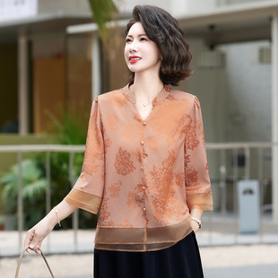 New Chinese Style Mother's Summer Fashion National Style Small Shirt 2025 New Seven-point Shirt for Middle-aged and Elderly Western Style Shirt Top