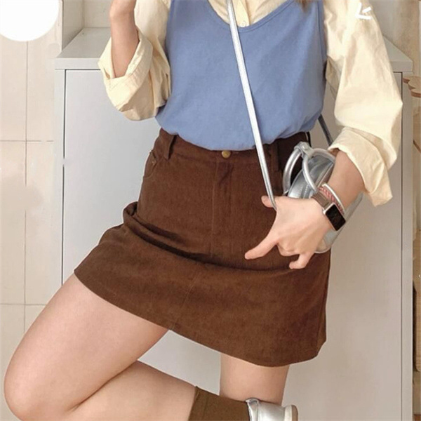 大码胖mm灯芯绒半身裙女夏季新款咖色a字短裙小个子显瘦包臀裙子|undefined