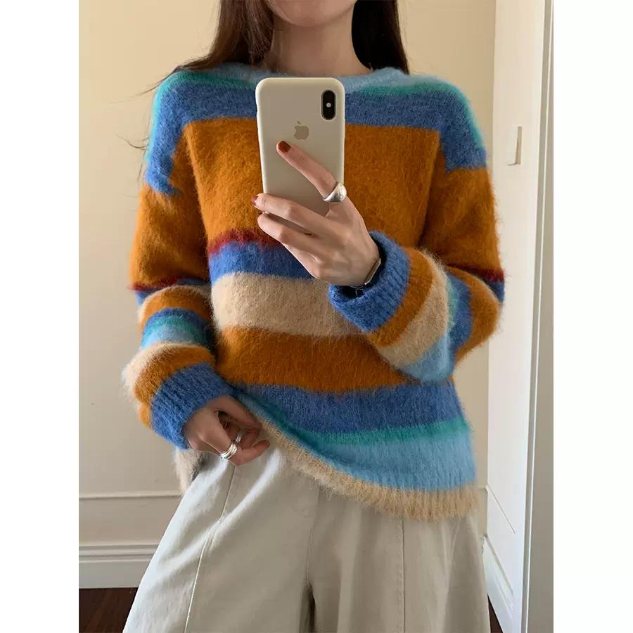 黄峥多巴胺圆领彩色毛衣女25冬季韩版软糯宽松长袖针织上衣541120