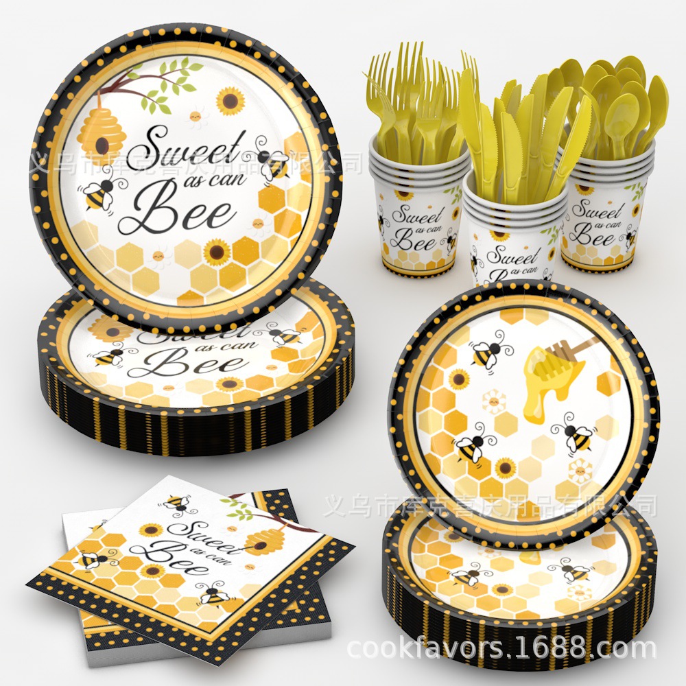 Amazon primavera abeja tema fiesta bandeja de papel desechable tazas de papel toallas de papel cubiertos set de decoración de cumpleaños para niños