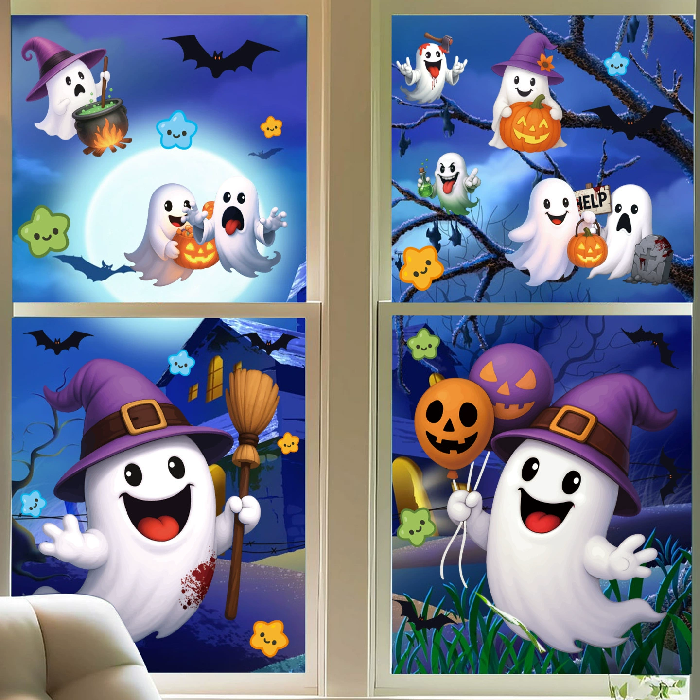 Милые мультяшные призраки, наклейки на Хэллоуин, тыква, имп, наклейки на окна во дворе, украшения для стекла, электростатические наклейки, оптовая продажа