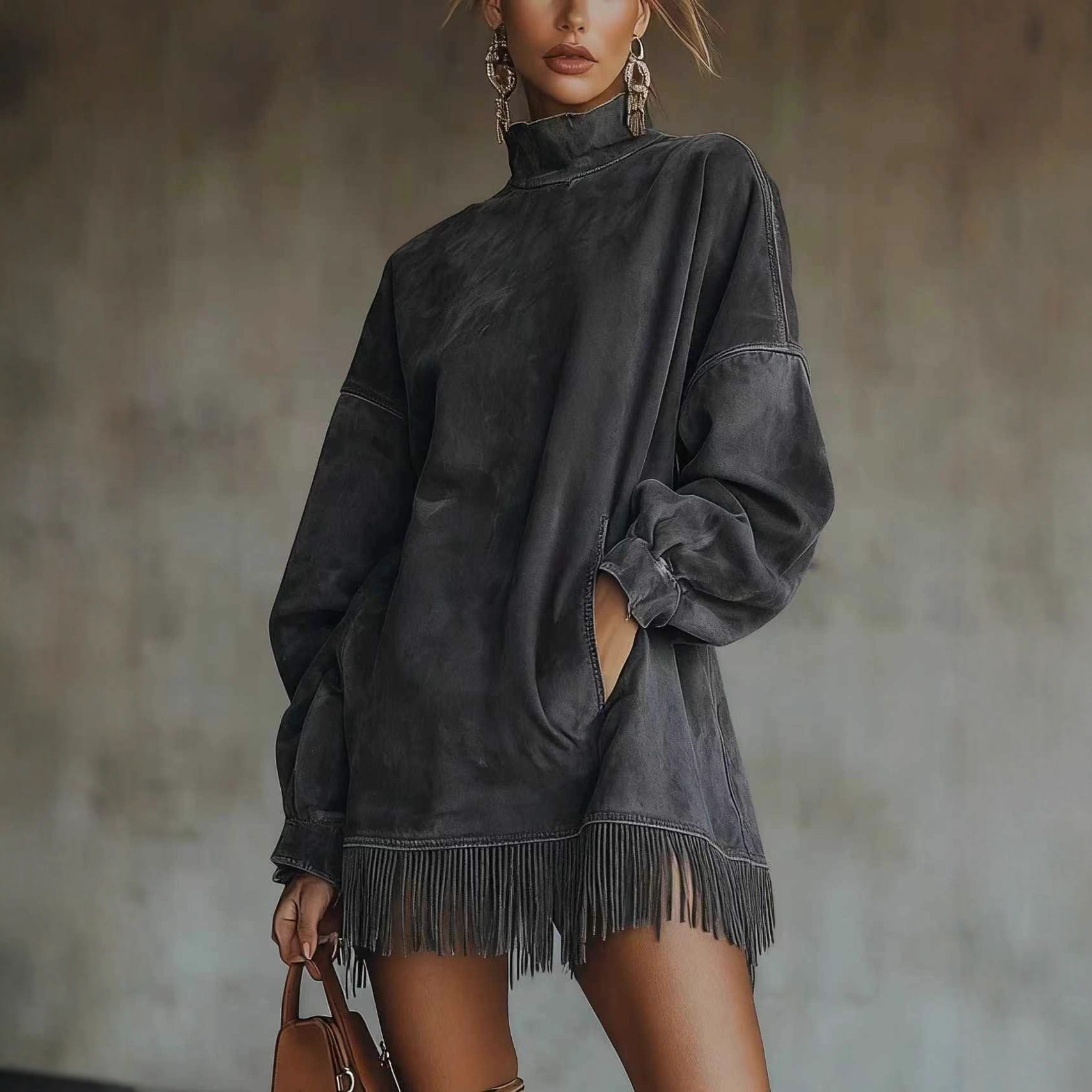 Women's Clothing High Neck Long Sleeve Tassel Detail Suede Dress Loose Fit With Pockets For Women For Formal & Casual For Women_ecoleips.com