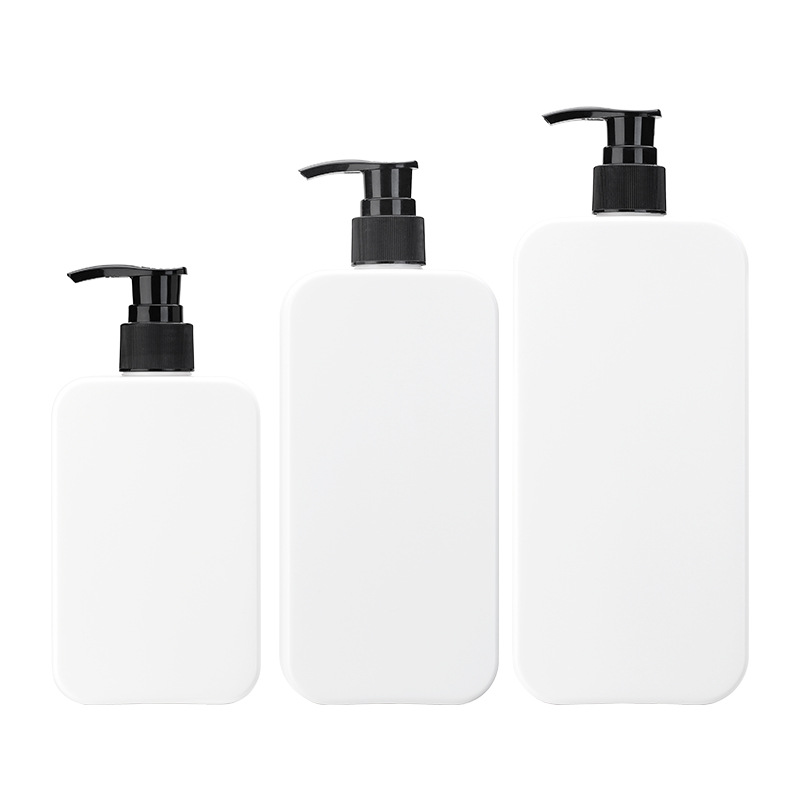 Botella de leche de cuerpo de bomba de aceite blanco de 250ml Botella de Loción de PE plana de 350ml Botella de prensa negra Botella de champú 500