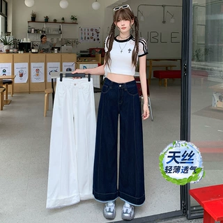 深蓝色翻边天丝牛仔裤女夏季薄款直筒宽松高腰垂感显瘦九分阔腿裤
